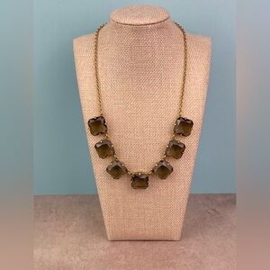 J Crew Smoky Quartz Glass Statement Necklace | Gold Tone | Square Faceted Gems
